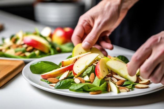 Mão organizando salada de maçã e amêndoa em um prato