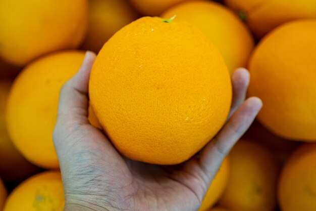 Mão pegando laranja fresca na loja do supermercado