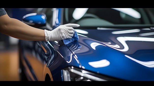 mão poli o carro azul de luxo na garagem