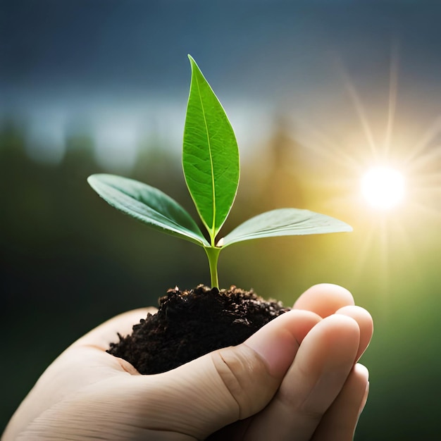 Mão realista segurando pequenas mudas nova vida em vaso de plantas