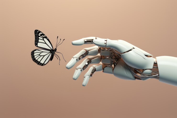 Foto mão robótica 3d com um aparelho invertebrado de tecnologia borboleta