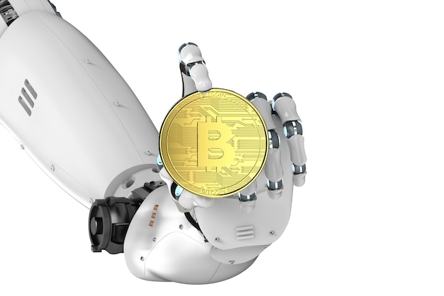 Mão robótica de renderização 3D segurando bitcoin de ouro