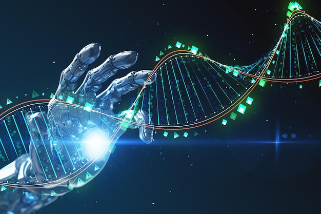 Mão robótica interagindo com a estrutura do DNA IA generativa