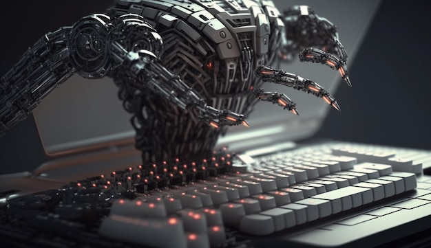 Mão robótica pressionando um teclado em um laptop Generative AI