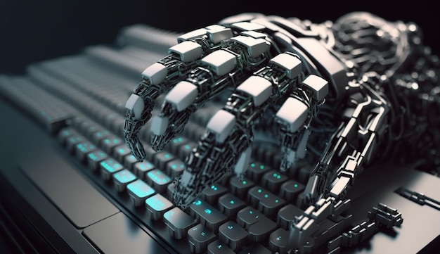 Mão robótica pressionando um teclado em um laptop Generative AI