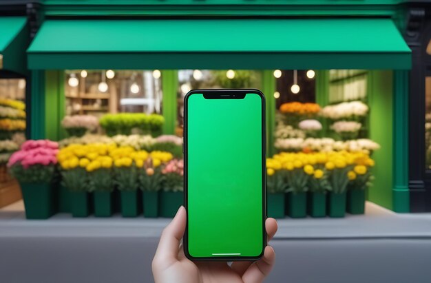 mão segura smartphone com tela verde em branco no fundo da florista