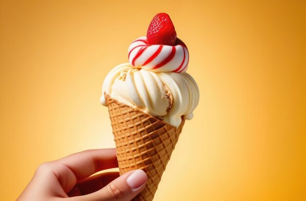 Mão segura sorvete em cone de waffle em fundo castanho claro