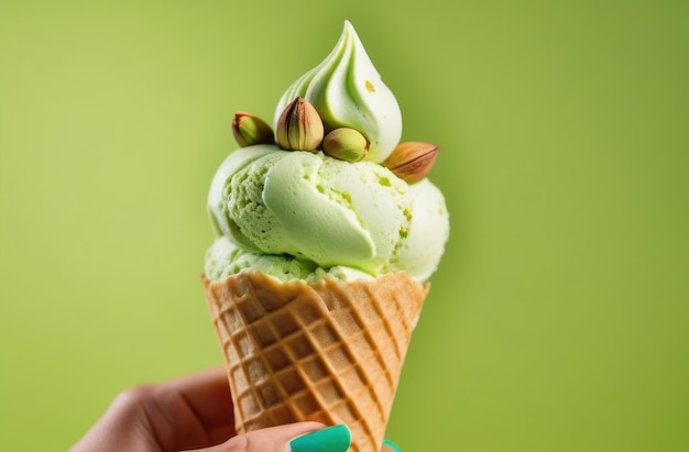 Mão segura sorvete em cones de waffle em fundo verde claro