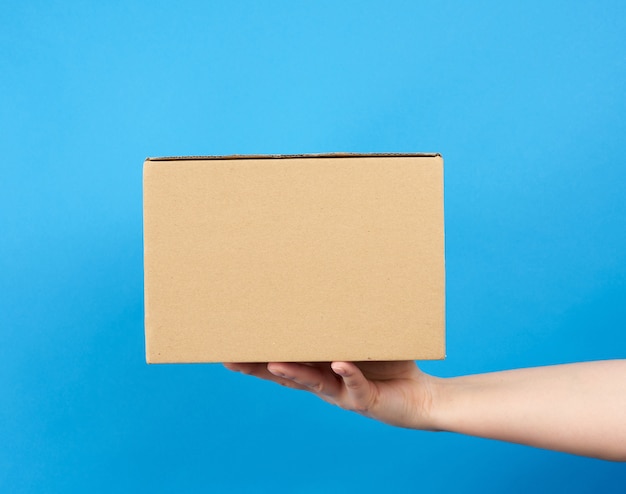 Mão segura uma caixa de papelão marrom sobre um fundo azul