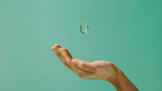 Foto mão segura uma gota caindo em fundo verde dia mundial da água escassez de água potável conceito de poupar água