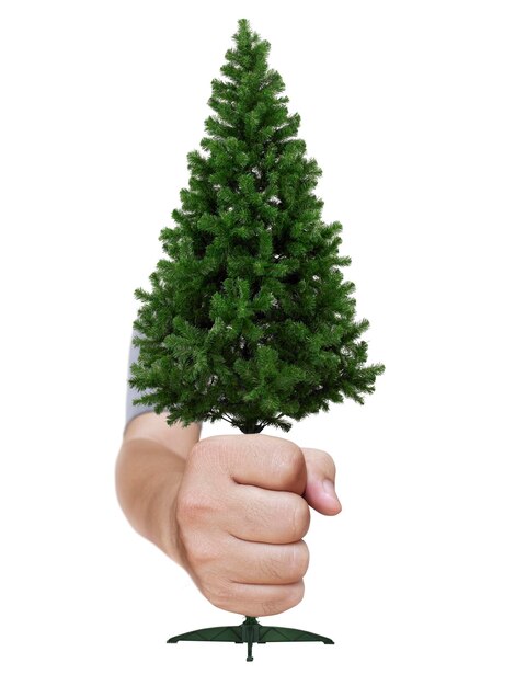 Mão segurando a árvore de Natal real no conceito de inspiração de fundo branco