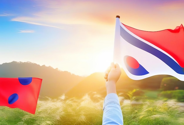 mão segurando a bandeira da Coreia no fundo da natureza Fundação Nacional