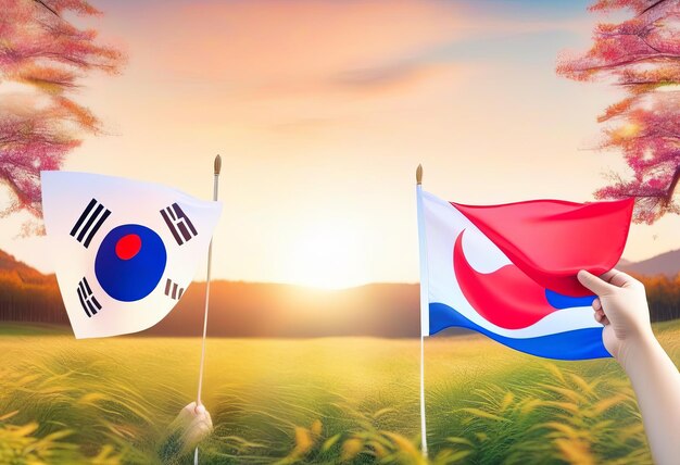 mão segurando a bandeira da Coreia no fundo da natureza Fundação Nacional