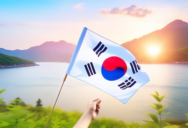 mão segurando a bandeira da Coreia no fundo da natureza Fundação Nacional