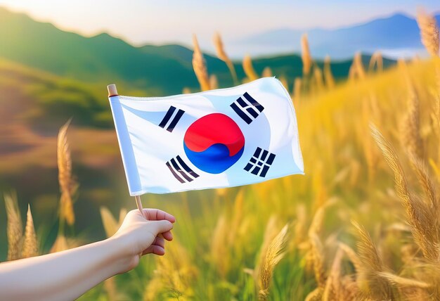 mão segurando a bandeira da Coreia no fundo da natureza Fundação Nacional