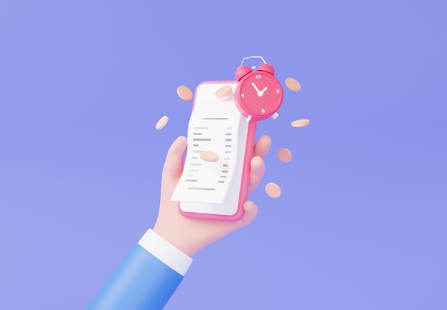 Mão segurando a conta de pagamentos online do smartphone e moedas com relógio flutuando no fundo roxo Pagar dinheiro via aplicativo móvel Internet banking troca conceito de transferência mínima dos desenhos animados renderização em 3d