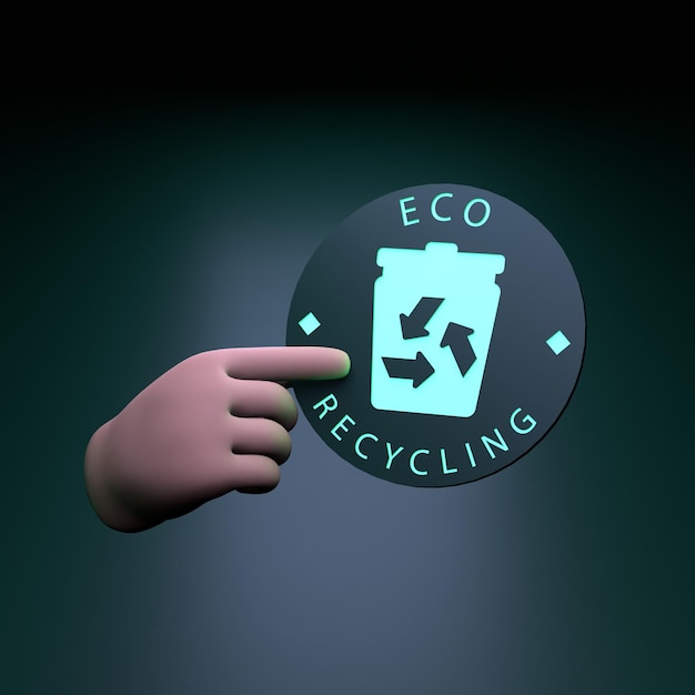 Mão segurando a ilustração de renderização 3d do conceito de ecologia de ícone de néon de reciclagem ecológica