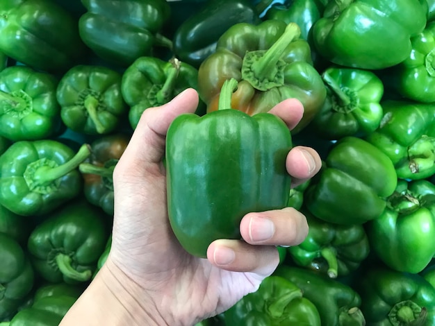 Mão segurando a pimenta verde.