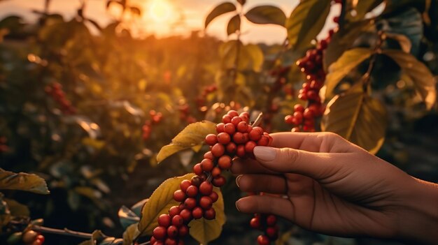 Foto mão segurando a planta do café no campo e luz solar generative ai