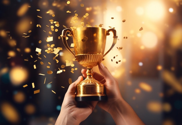 Mão segurando a taça do troféu de ouro com confete comemorando com o prêmio troféu de sucesso realista