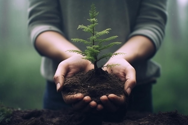 Mão segurando árvores e solos na consciência ambiental da natureza verde turva