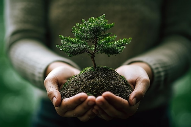 Mão segurando árvores e solos na consciência ambiental da natureza verde turva