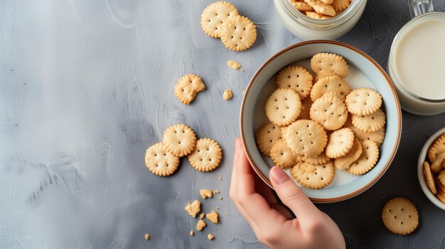 Mão segurando biscoitos sobre uma tigela em um fundo texturizado