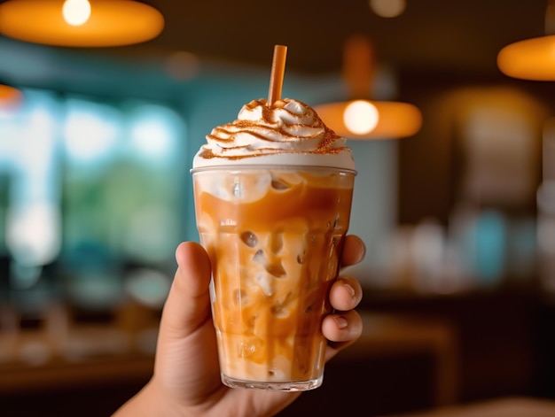 Mão segurando café com leite gelado com chantilly e cobertura de caramelo