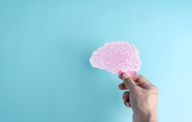 Foto mão segurando cérebro humano corte de papel ideia inteligência criativa pensamento ou consciência de alzheimer doença de parkinson demência ataque de derrame ou saúde mental