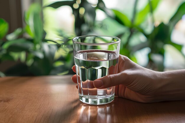 Mão segurando copo de água em madeira com plantas verdes borrosas tranquilo e natural
