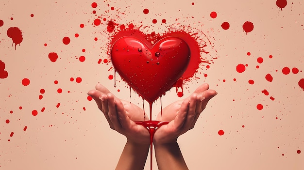 Mão segurando coração com salpico líquido vermelho Dia do doador de sangue