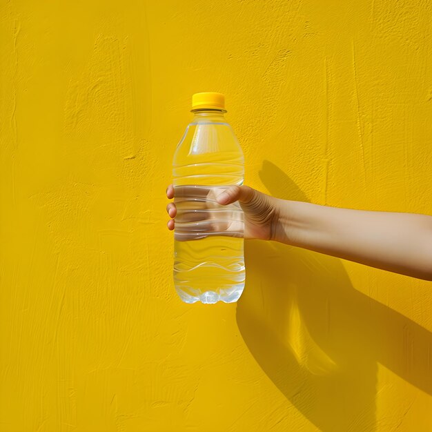 mão segurando garrafa de plástico em fundo amarelo