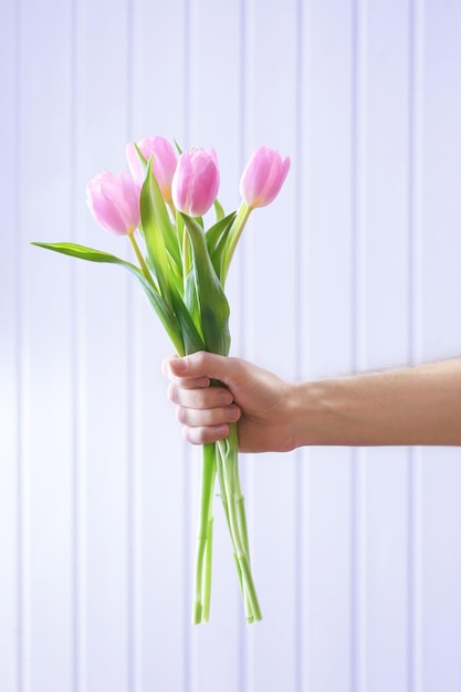 Mão segurando lindas tulipas cor de rosa em fundo de madeira