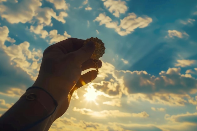 Foto mão segurando medalha de ouro simbolizando a vitória contra o fundo do céu