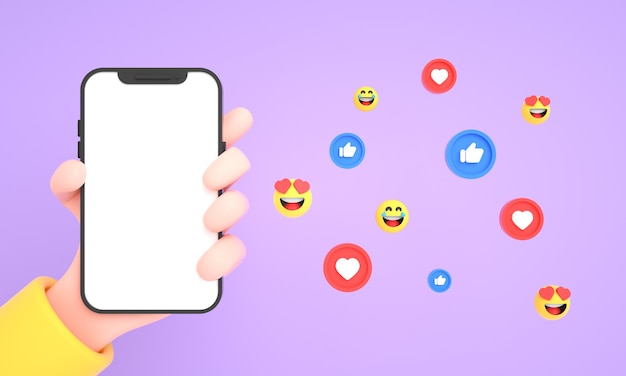 Mão segurando o celular com ícones de mídia social e emojis para maquete de telefone no fundo rosa