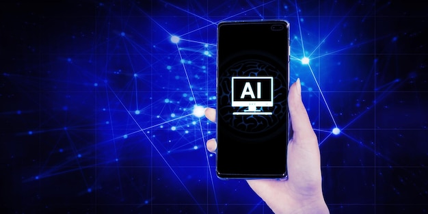 Mão segurando o celular com símbolo AI sobre resumo futurista