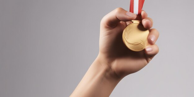 Foto mão segurando o conceito de competição de medalha de ouro fundo branco generative ai