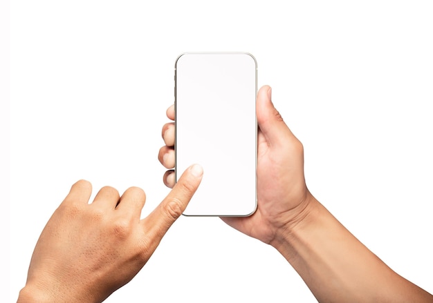 Mão segurando o smartphone com tela em branco e design moderno sem moldura isolado no fundo branco