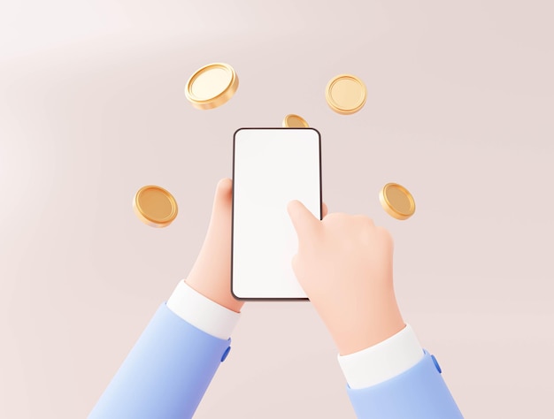 Mão segurando o smartphone móvel e a tela sensível ao toque com o conceito de negócios de tecnologia de moeda de dinheiro 3d ilustração dos desenhos animados