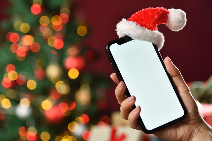 Foto mão segurando o smartphone preto com tela em branco e chapéu de papai noel em cima