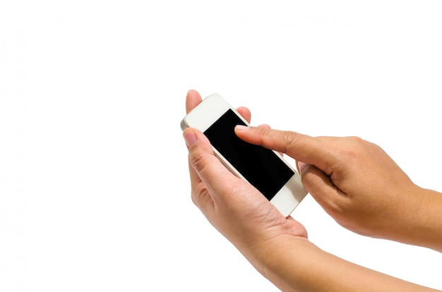 Mão segurando o telefone inteligente isolado no fundo branco