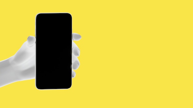 Mão segurando o telefone, isolado em fundo amarelo. Ilustração 3D. Conjunto de conceito de maquete de mídia social, app, mensagens e comentários.