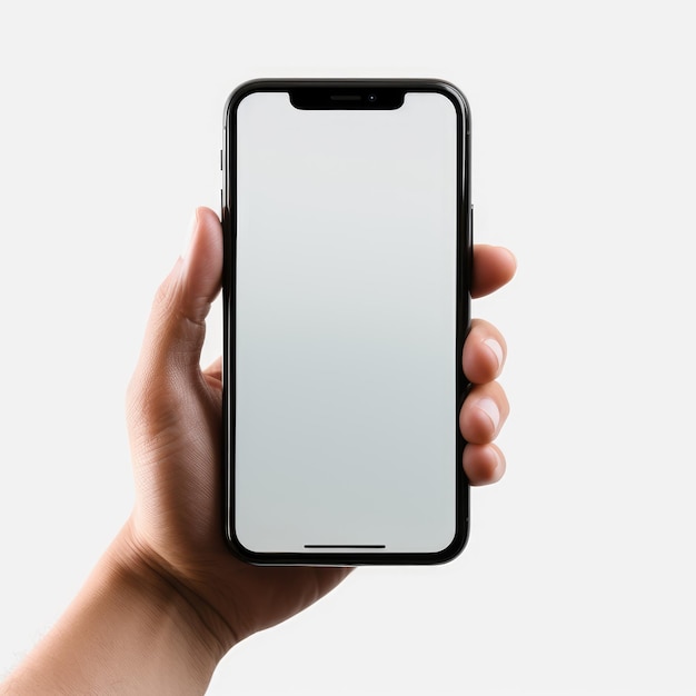 Foto mão segurando o telefone isolado no fundo branco