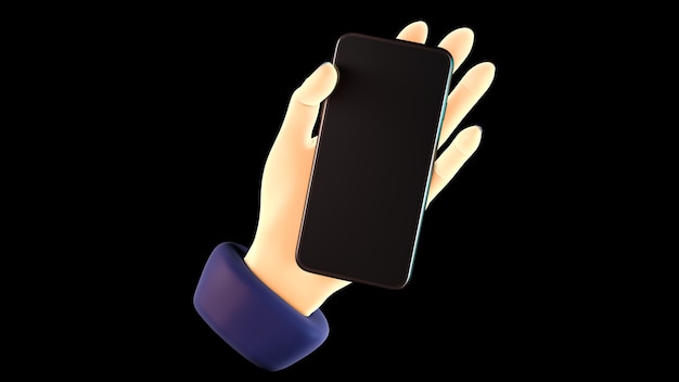 Mão segurando o telefone, isolado no fundo preto. Ilustração 3D. Conjunto de conceito de maquete de mídia social, app, mensagens e comentários.