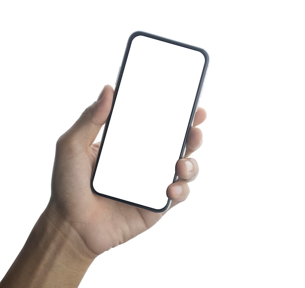 Mão segurando o telefone móvel inteligente na tecnologia de fundo branco Projeto de maquete da tela do telefone móvel isolado com caminho de recorte
