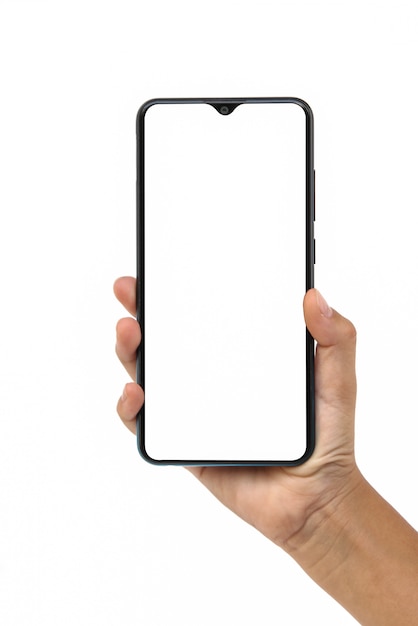 Foto mão segurando o telefone móvel isolado no fundo branco.
