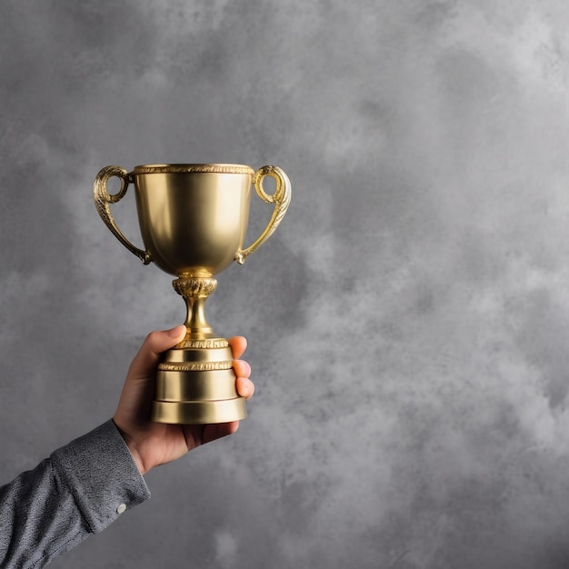 mão segurando o troféu de campeão cor dourada fundo cinza