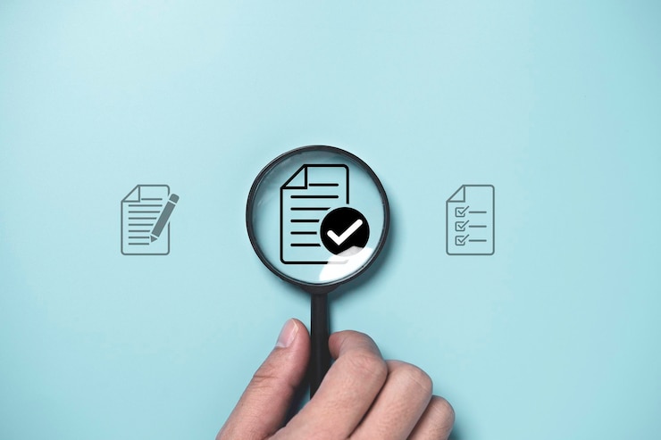 Foto mão segurando o vidro da lupa com sinal e documento corretos para preparar, verificar e aprovar o documento garantia de qualidade e conceito de garantia iso