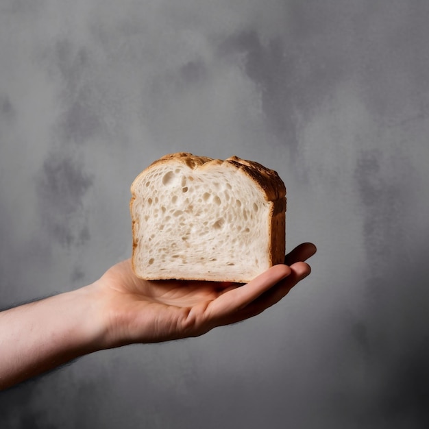 mão segurando pão em um fundo cinzento