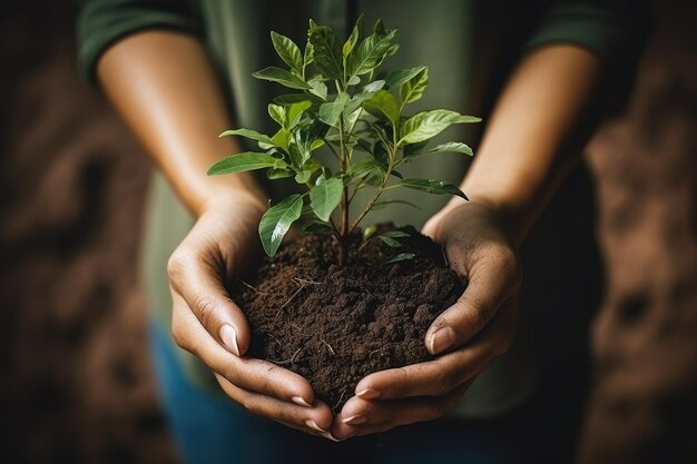 Mão segurando pequena árvore para plantar